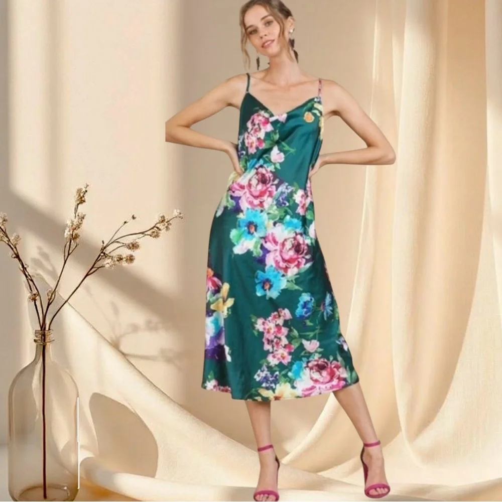 Emerald Green Floral Satin Midi Slip Dress - Picture 5 of 7